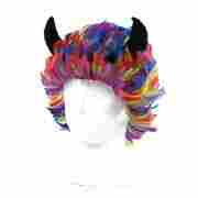 Curly Rainbow Wig with Horns mixed colours